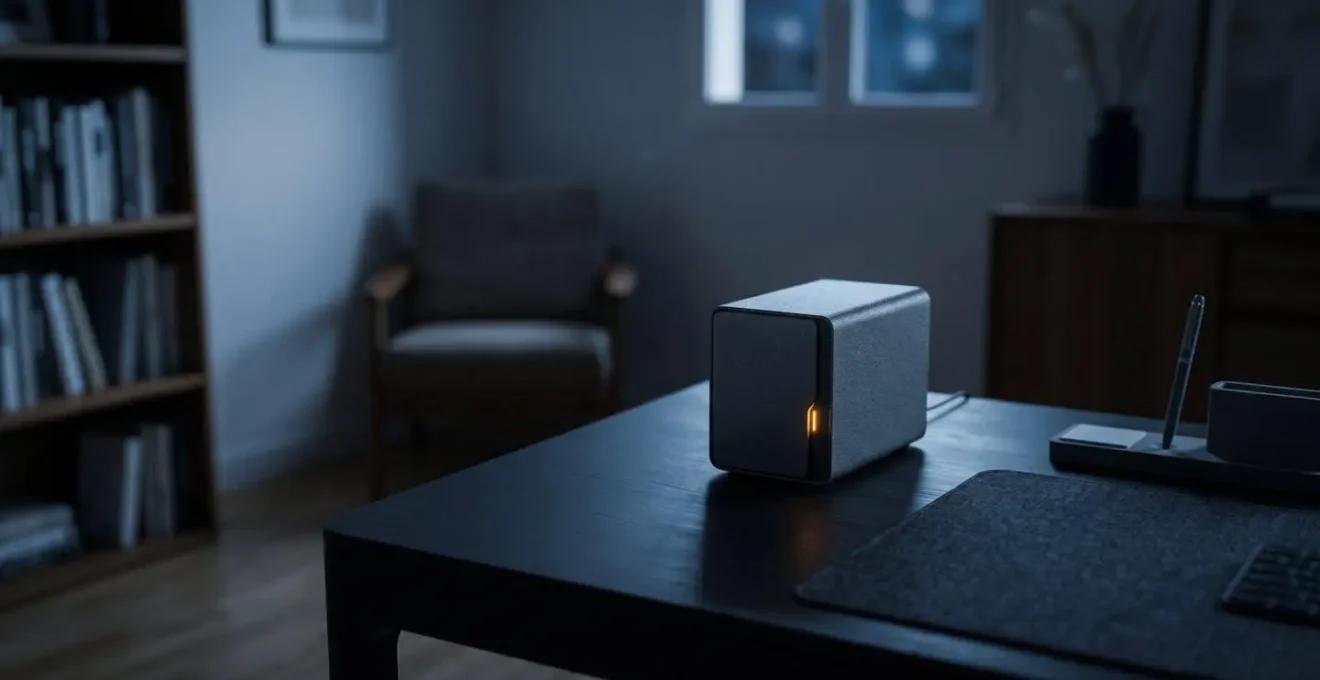 Serveur NAS compact dans un environnement domestique calme pour sauvegarde nocturne