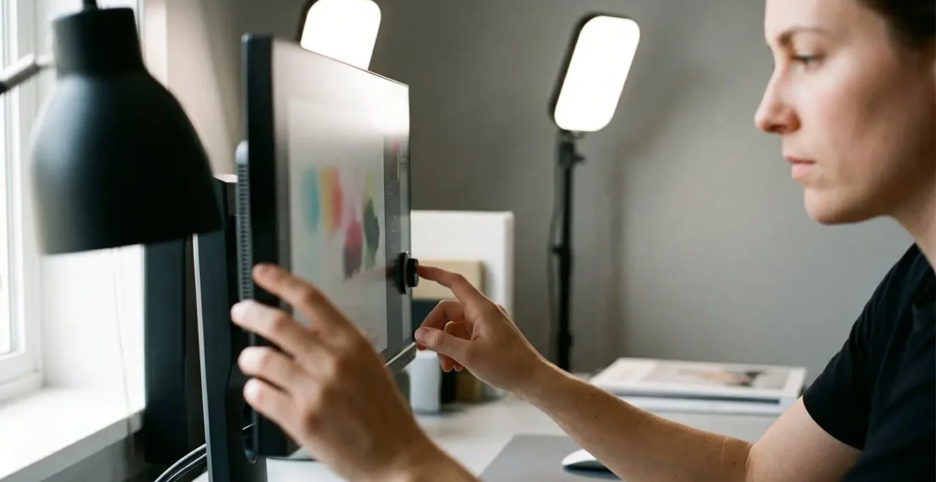 Poste de travail de graphiste avec éclairage calibré selon norme ISO pour retouche couleur précise