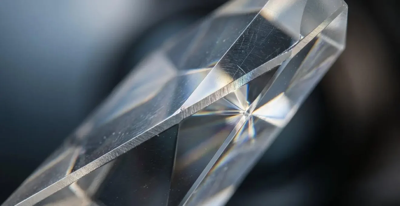 Détail macro d'un prisme optique montrant la réfraction de la lumière à travers le verre