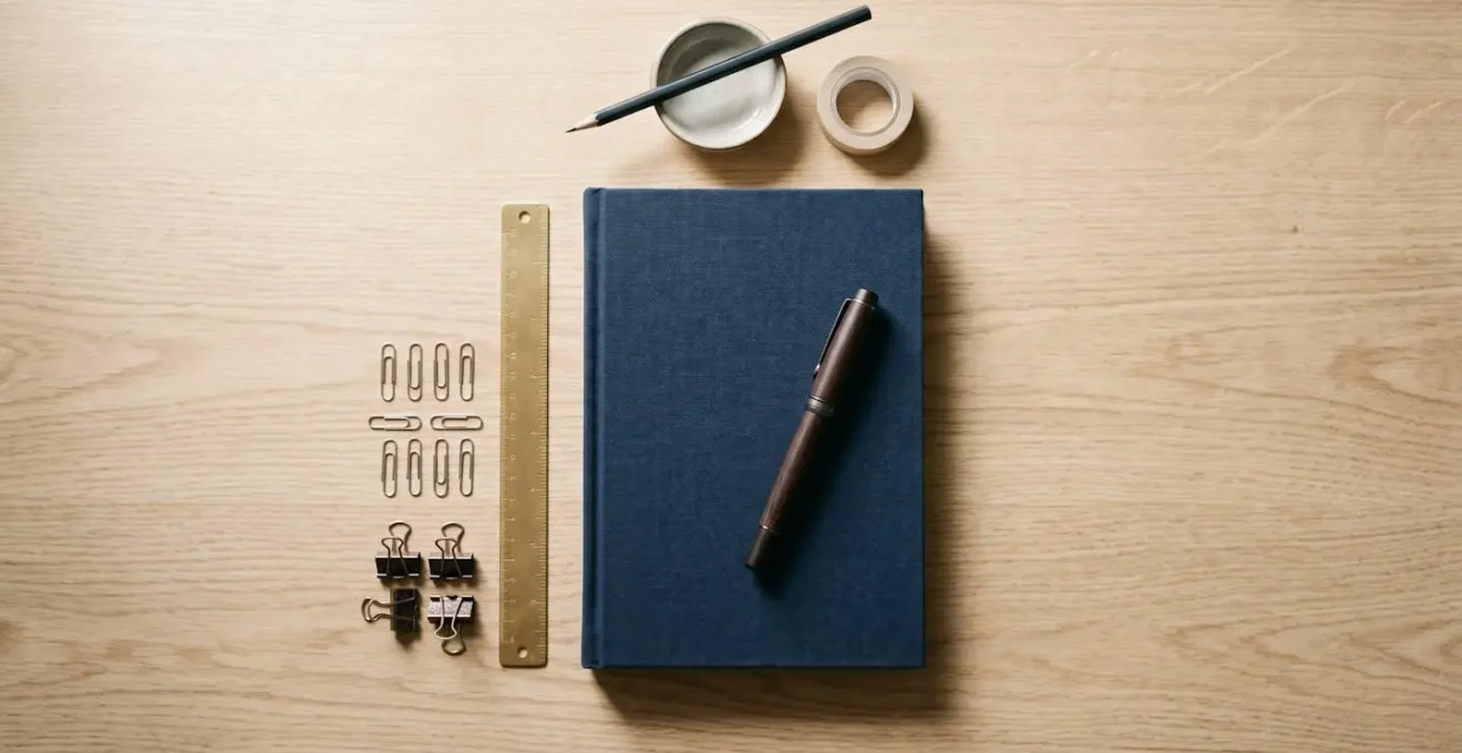 Carnet de notes ouvert avec stylo sur un bureau minimaliste baigné de lumière naturelle