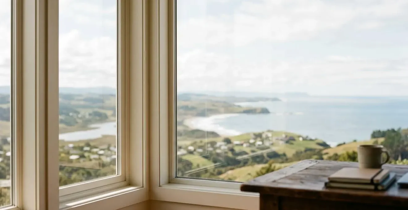 Vue à travers une fenêtre de bureau sur un paysage urbain flou au loin, lumière naturelle douce, espace de travail en arrière-plan
