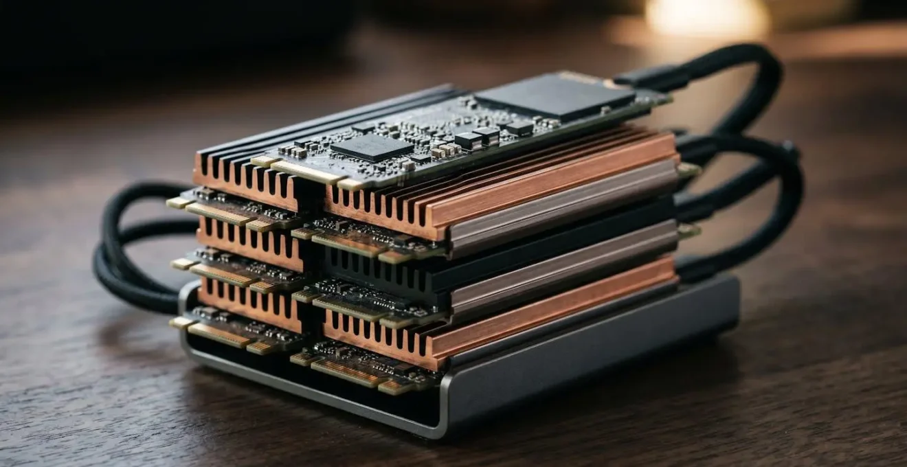 Disques de stockage pour gaming empilés avec câbles et connectique visible