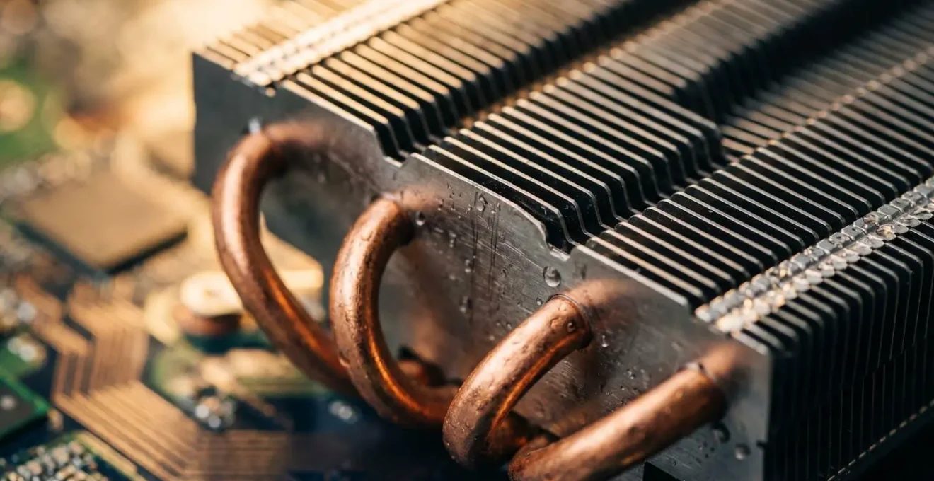 Gros plan macro sur dissipateur thermique de carte graphique avec détails métalliques et circuit imprimé visible